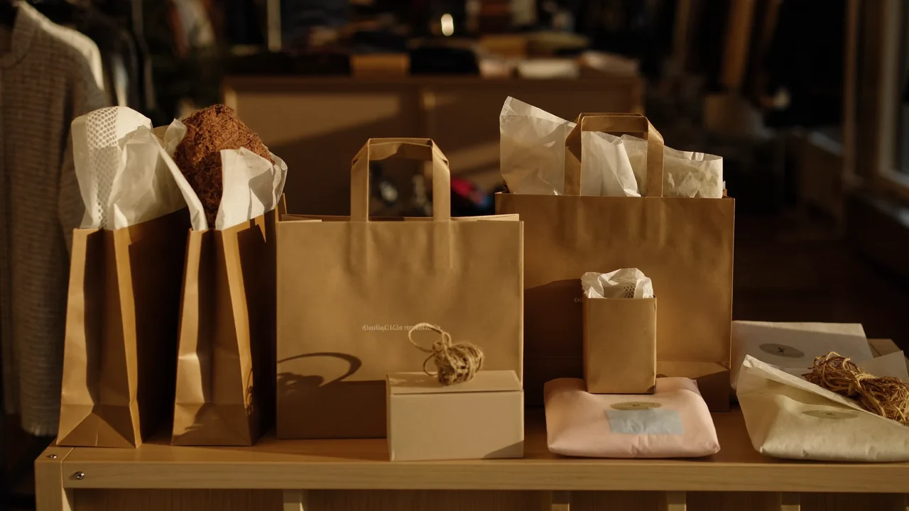 Kraftpapiertüten und in Seidenpapier gewickelte Kleidungsstücke auf einem Ladentisch mit Garn