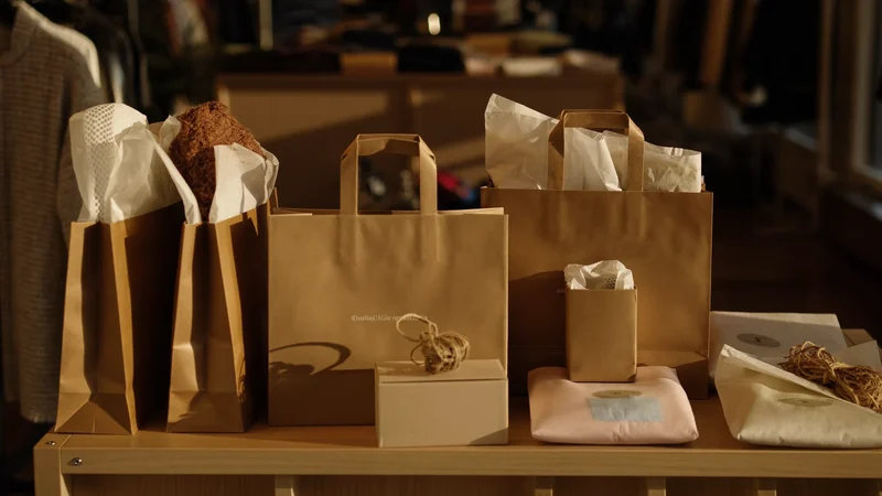 Kraftpapiertüten und in Seidenpapier gewickelte Kleidungsstücke auf einem Ladentisch mit Garn